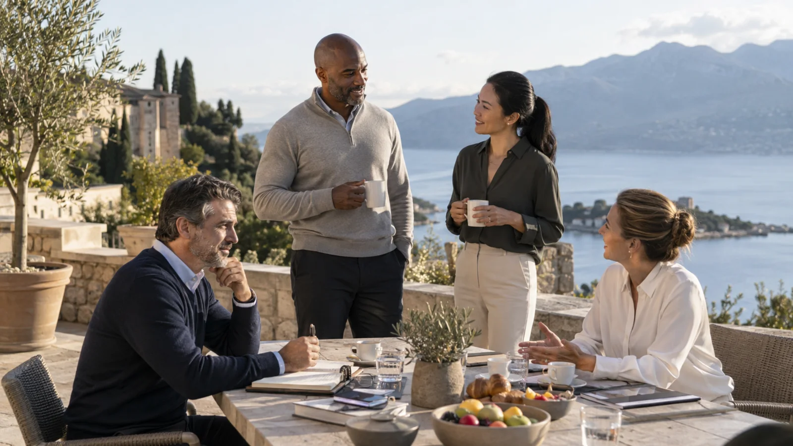 Four business leaders talking over coffee during a retreat beside a lake and mountains